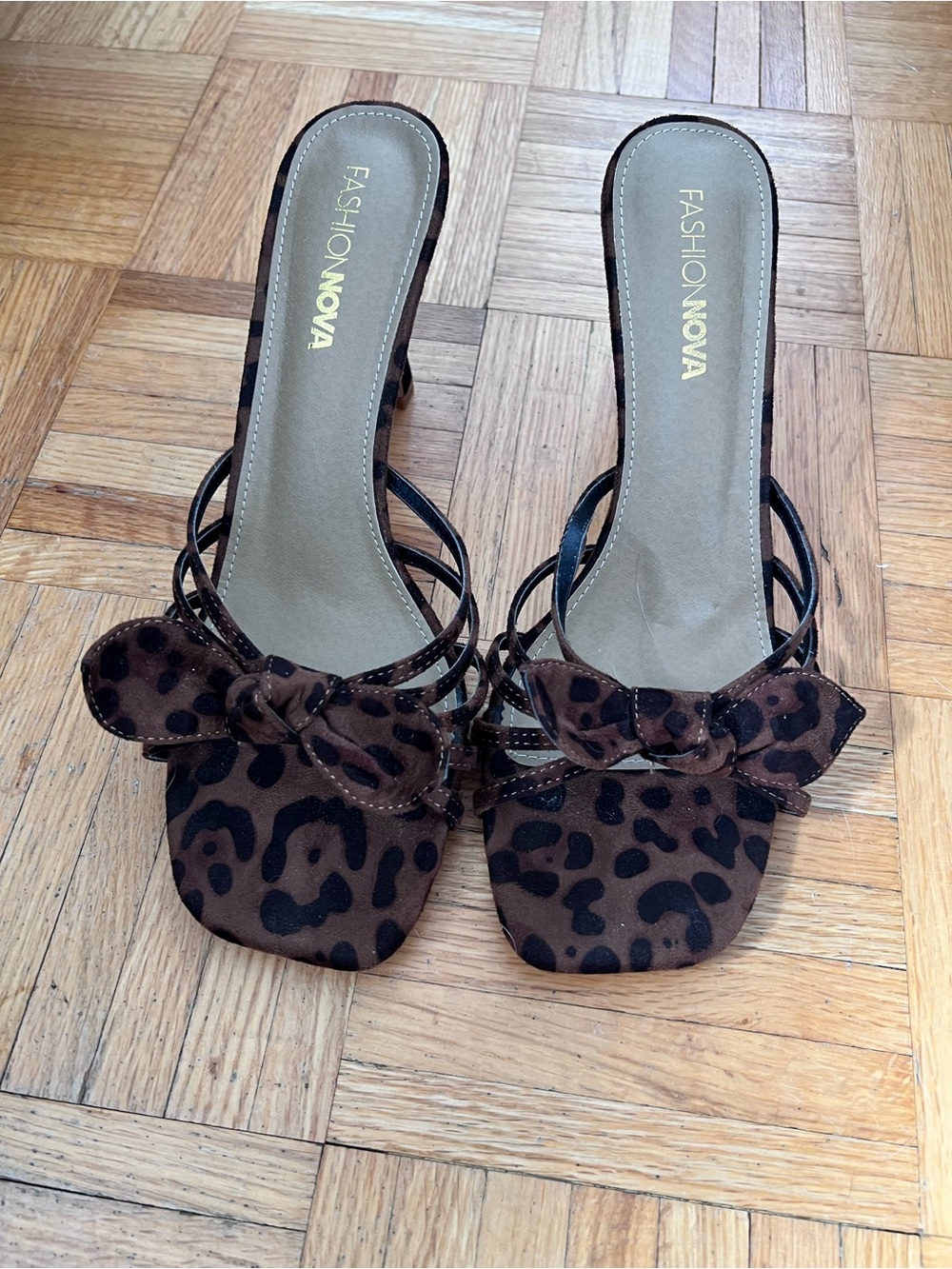 Fashion Nova Brown Leopard Bow Strappy Slide Heels